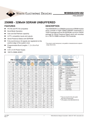 W3DG6435V10D2 datasheet - 256MB - 32Mx64 SDRAM UNBUFFERED