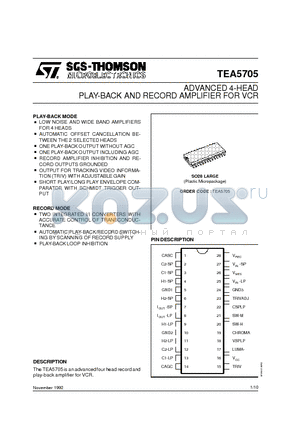 TEA5705 datasheet - ADVANCED 4-HEAD PLAY-BACK AND RECORD AMPLIFIER FOR VCR