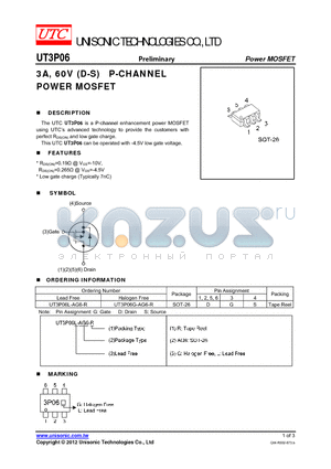 UT3P06G-AG6-R datasheet - 3A, 60V (D-S) P-CHANNEL POWER MOSFET