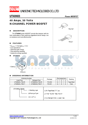 UT40N03L-TM3-T datasheet - 40 Amps, 30 Volts N-CHANNEL POWER MOSFET