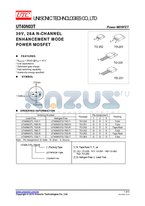 UT40N03TG-TA3-T datasheet - 30V, 28A N-CHANNEL ENHANCEMENT MODE POWER MOSFET