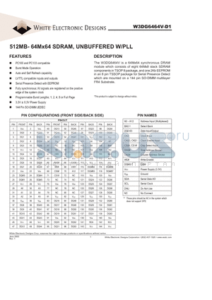 W3DG6464V10D1 datasheet - 512MB- 64Mx64 SDRAM, UNBUFFERED W/PLL