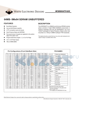 W3DG647V-D2 datasheet - 64MB- 8Mx64 SDRAM UNBUFFERED