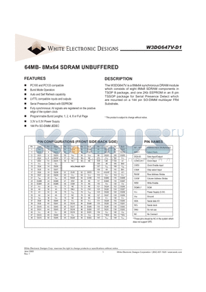 W3DG647V10D1 datasheet - 64MB- 8Mx64 SDRAM UNBUFFERED