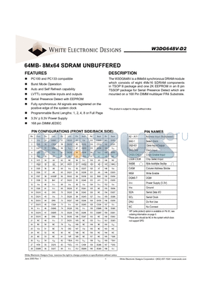 W3DG648V-D2 datasheet - 64MB- 8Mx64 SDRAM UNBUFFERED