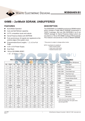 W3DG648V10D1 datasheet - 64MB - 2x4Mx64 SDRAM, UNBUFFERED