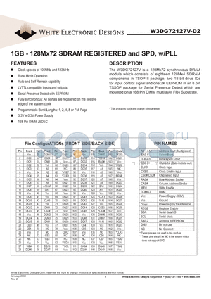 W3DG72127V-D2 datasheet - 1GB - 128Mx72 SDRAM REGISTERED and SPD, w/PLL