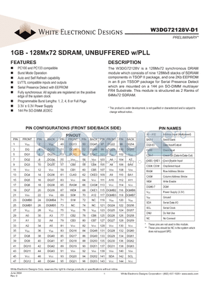 W3DG72128V10D1 datasheet - 1GB - 128Mx72 SDRAM, UNBUFFERED w/PLL