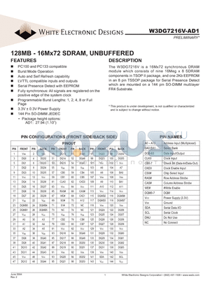 W3DG7216V-AD1 datasheet - 128MB - 16Mx72 SDRAM, UNBUFFERED