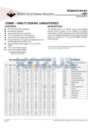 W3DG7216V-D1 datasheet - 128MB - 16Mx72 SDRAM, UNBUFFERED