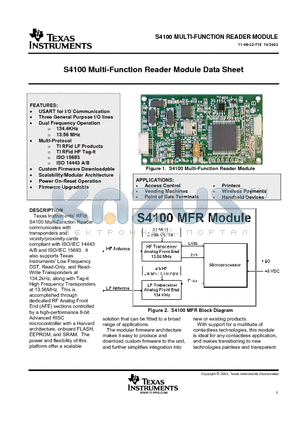 S4100 datasheet - Multi-Function Reader Module Data Sheet