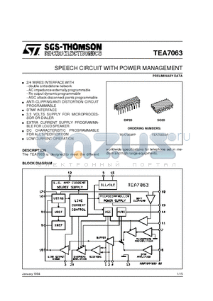 TEA7063 datasheet - SPEECH CIRCUIT WITH POWER MANAGEMENT
