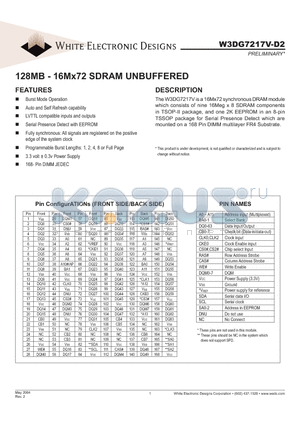 W3DG7217V-D2 datasheet - 128MB - 16Mx72 SDRAM UNBUFFERED
