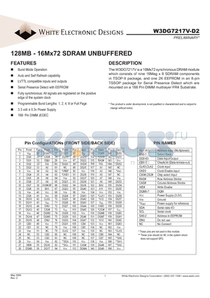 W3DG7217V75D2 datasheet - 128MB - 16Mx72 SDRAM UNBUFFERED