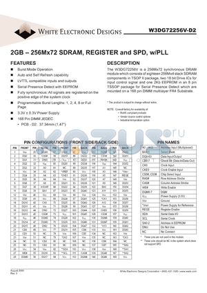W3DG72256V-D2 datasheet - 2GB - 256Mx72 SDRAM, REGISTER and SPD, w/PLL