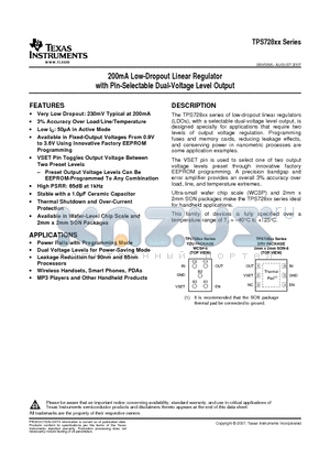 TPS728180300YZUR datasheet - 200mA Low-Dropout Linear Regulator with Pin-Selectable Dual-Voltage Level Output