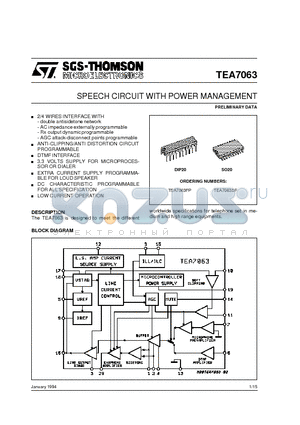 TEA7063FP datasheet - SPEECH CIRCUIT WITH POWER MANAGEMENT