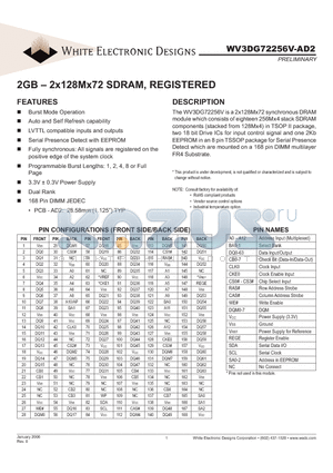 W3DG72256V75AD2I-MG datasheet - 2GB - 2x128Mx72 SDRAM, REGISTERED