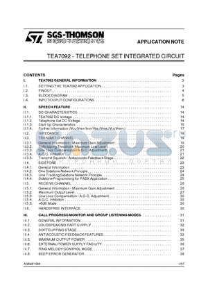 TEA7092 datasheet - TELEPHONE SET INTEGRATED CIRCUIT