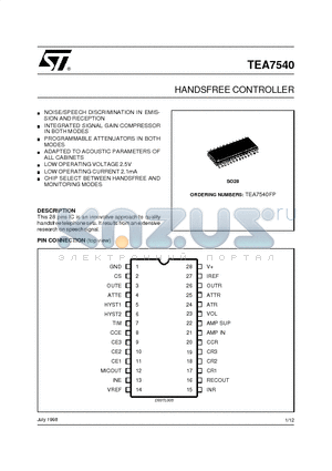 TEA7540 datasheet - HANDSFREE CONTROLLER