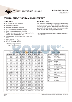 W3DG7232V10AD1 datasheet - 256MB - 32Mx72 SDRAM UNBUFFERED