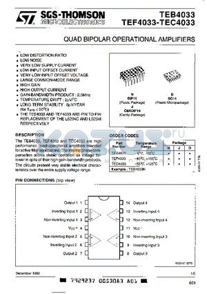 TEB4033 datasheet - QUAD BIPOLAR OPERATIONAL AMPLIFIERS