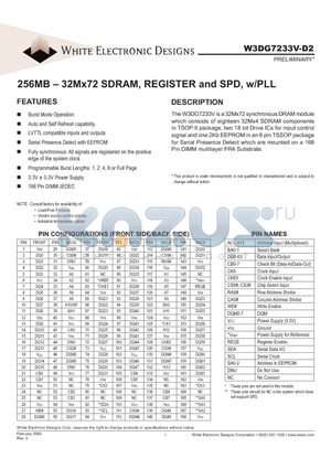 W3DG7233V-D2 datasheet - 256MB - 32Mx72 SDRAM, REGISTER and SPD, w/PLL