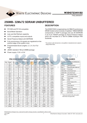 W3DG7234V75D2 datasheet - 256MB- 32Mx72 SDRAM UNBUFFERED