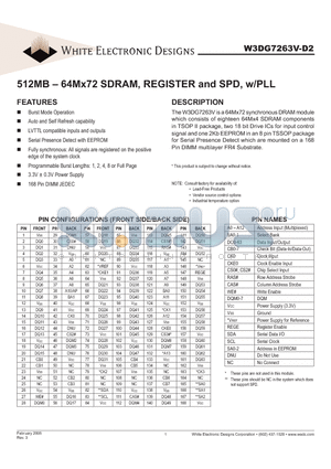 W3DG7263V-D2 datasheet - 512MB - 64Mx72 SDRAM, REGISTER and SPD, w/PLL