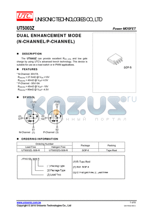 UT5003Z datasheet - DUAL ENHANCEMENT MODE (N-CHANNEL/P-CHANNEL)