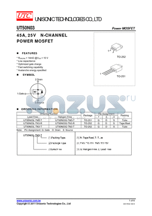 UT50N03G-TM3-T datasheet - 45A, 25V N-CHANNEL POWER MOSFET