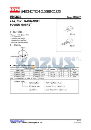 UT50N03L-TM3-T datasheet - 45A, 25V N-CHANNEL POWER MOSFET