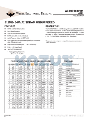 W3DG7268V7JD1 datasheet - 512MB- 64Mx72 SDRAM UNBUFFERED