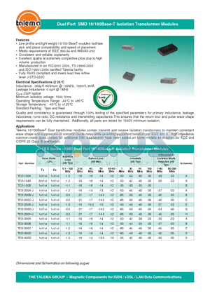 TED-100A datasheet - Dual Port SMD 10/100Base-T Isolation Transformer Modules