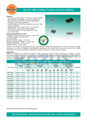 TED-104A datasheet - Dual Port SMD 10/100Base-T Isolation Transformer Modules