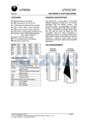 UT51C161 datasheet - 64K WORD X 16 BIT EDO DRAM