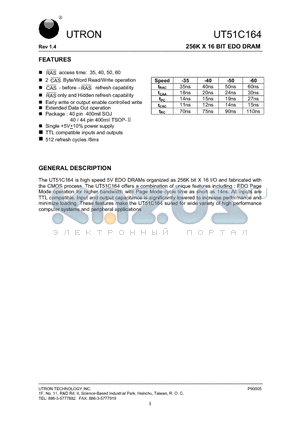 UT51C164 datasheet - 256K X 16 BIT EDO DRAM