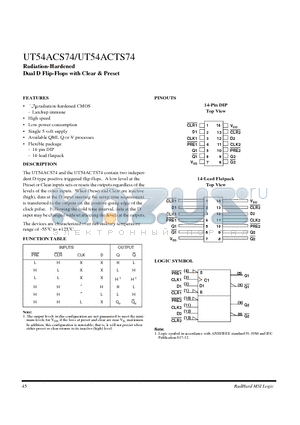 UT54ACTS74 datasheet - Radiation-Hardened Dual D Flip-Flops with Clear & Preset