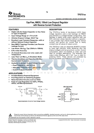 TPS73101DBVRG4 datasheet - Cap-Free, NMOS, 150mA Low Dropout Regulator with Reverse Current Protection