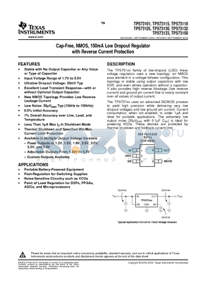 TPS73115DBVR datasheet - Cap-Free, NMOS, 150mA Low Dropout Regulator with Reverse Current Protection