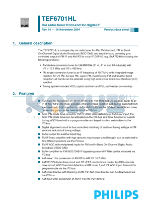 TEF6701HL datasheet - Car radio tuner front-end for digital IF