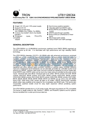 UT61128C64T-5 datasheet - 128K X 64 SYNCHRONOUS PIPELINED BURST CMOS SRAM