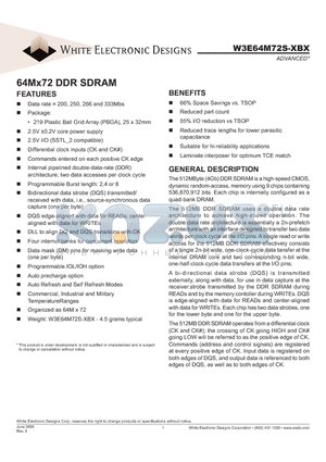 W3E64M72S-250BM datasheet - 64Mx72 DDR SDRAM