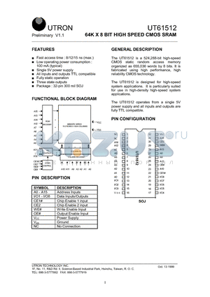 UT61512 datasheet - 64K X 8 BIT HIGH SPEED CMOS SRAM