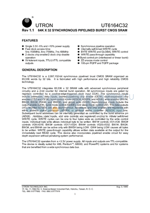 UT6164C32 datasheet - 64K X 32 SYNCHRONOUS PIPELINED BURST CMOS SRAM