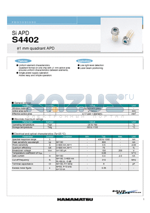 S4402 datasheet - Si APD v1 mm quadrant APD