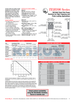 TEH100M100RJE datasheet - 100 Watt Thick Film Power Resistors for High Frequency and Pulse Loading Applications