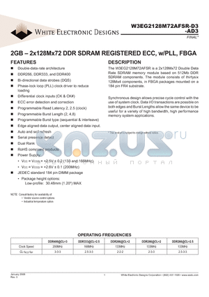 W3EG2128M72AFSR-AD3 datasheet - 2GB - 2x128Mx72 DDR SDRAM REGISTERED ECC, w/PLL, FBGA