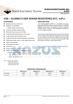 W3EG2256M72ASSR202AJD3XG datasheet - 4GB - 2x256Mx72 DDR SDRAM REGISTERED ECC, w/PLL