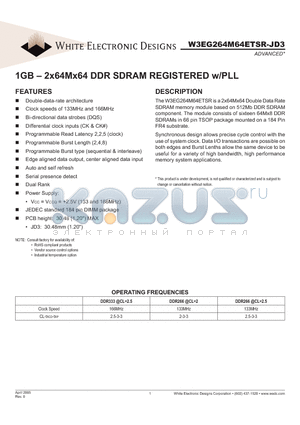 W3EG264M64ETSR-JD3 datasheet - 1GB - 2x64Mx64 DDR SDRAM REGISTERED w/PLL